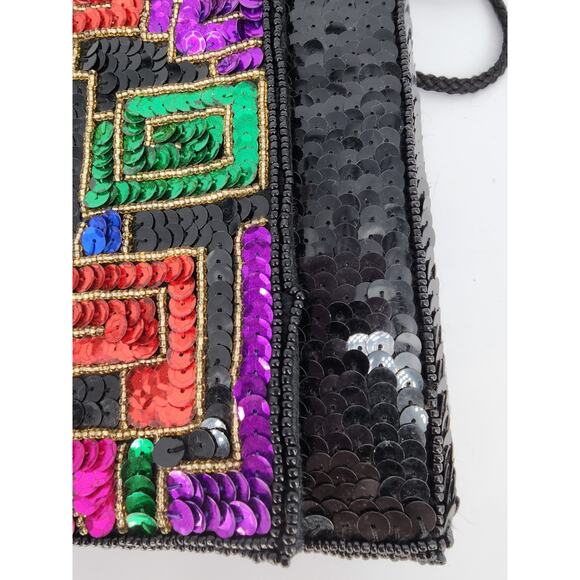 Geometric Sequin Crossbody Shoulder Bag Black with Multicolor Flap - Picture 11 of 13